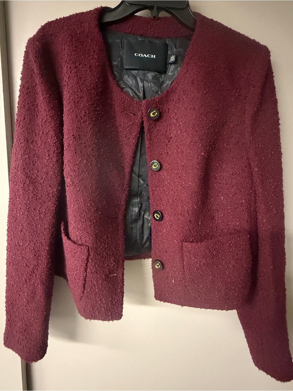 Coach Burgundy Bouclé Round-Neck Jacket